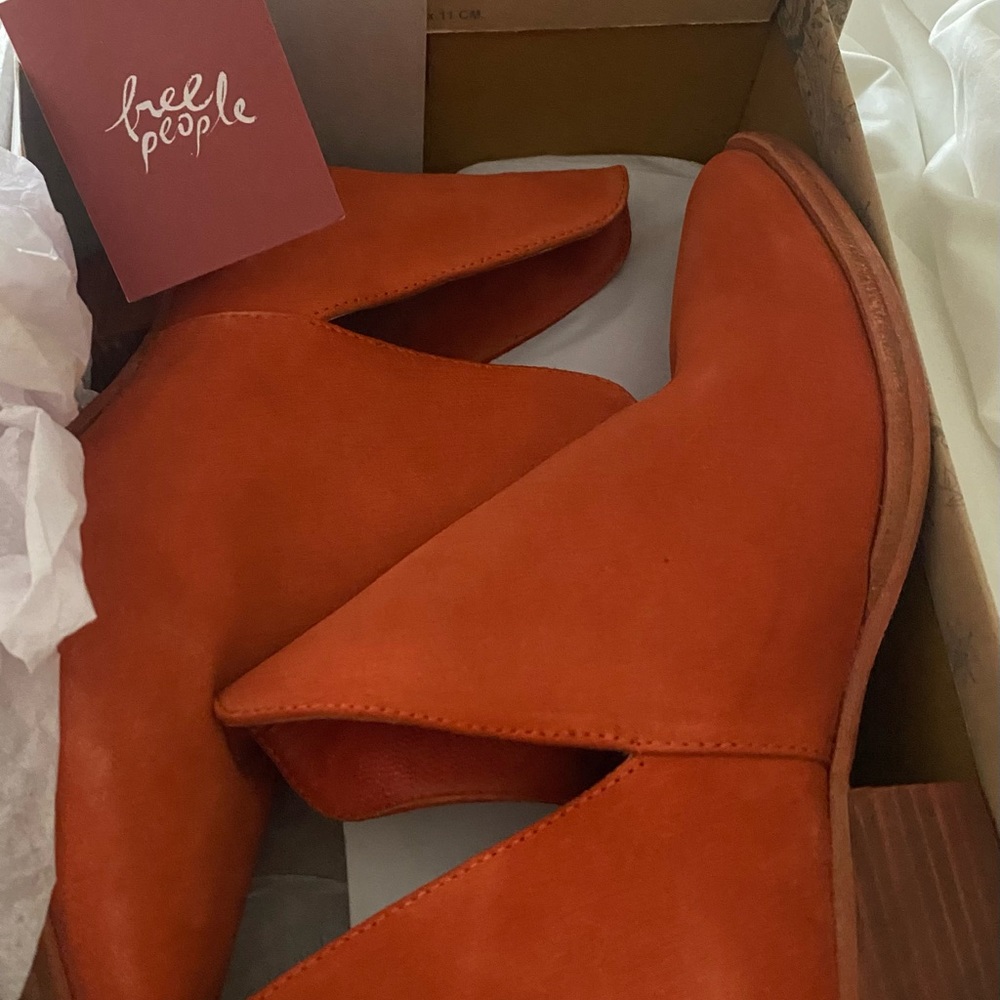 Free People, Double V Suede Booties, Size 7, Tiger Lily Red